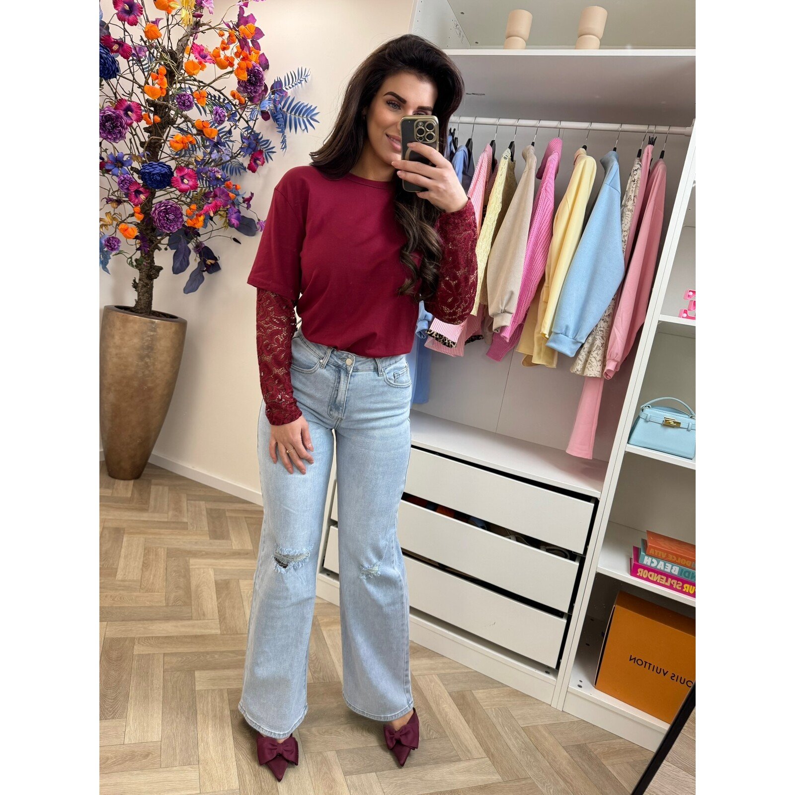 T-shirt lace mouw Bordeaux