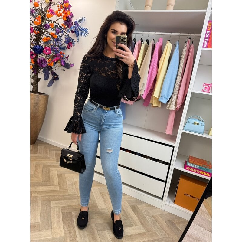 Top Lace flair mouw Black