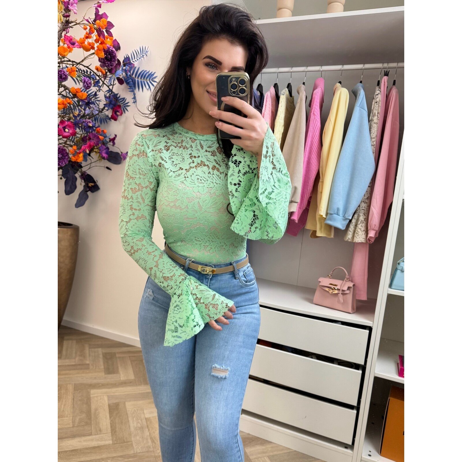 Top Lace flair mouw Mint