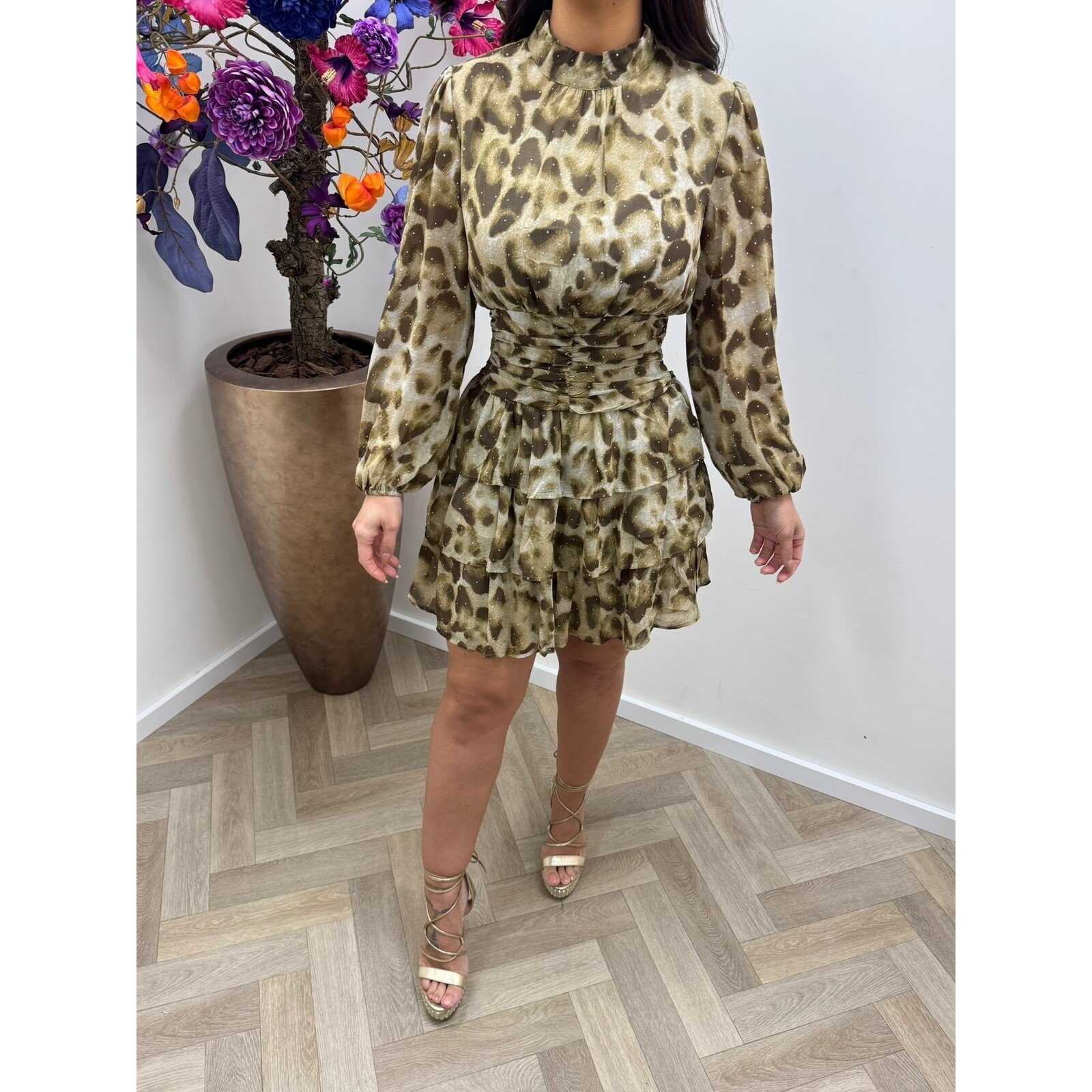 Dress leopard diamonds sage green CY4566B