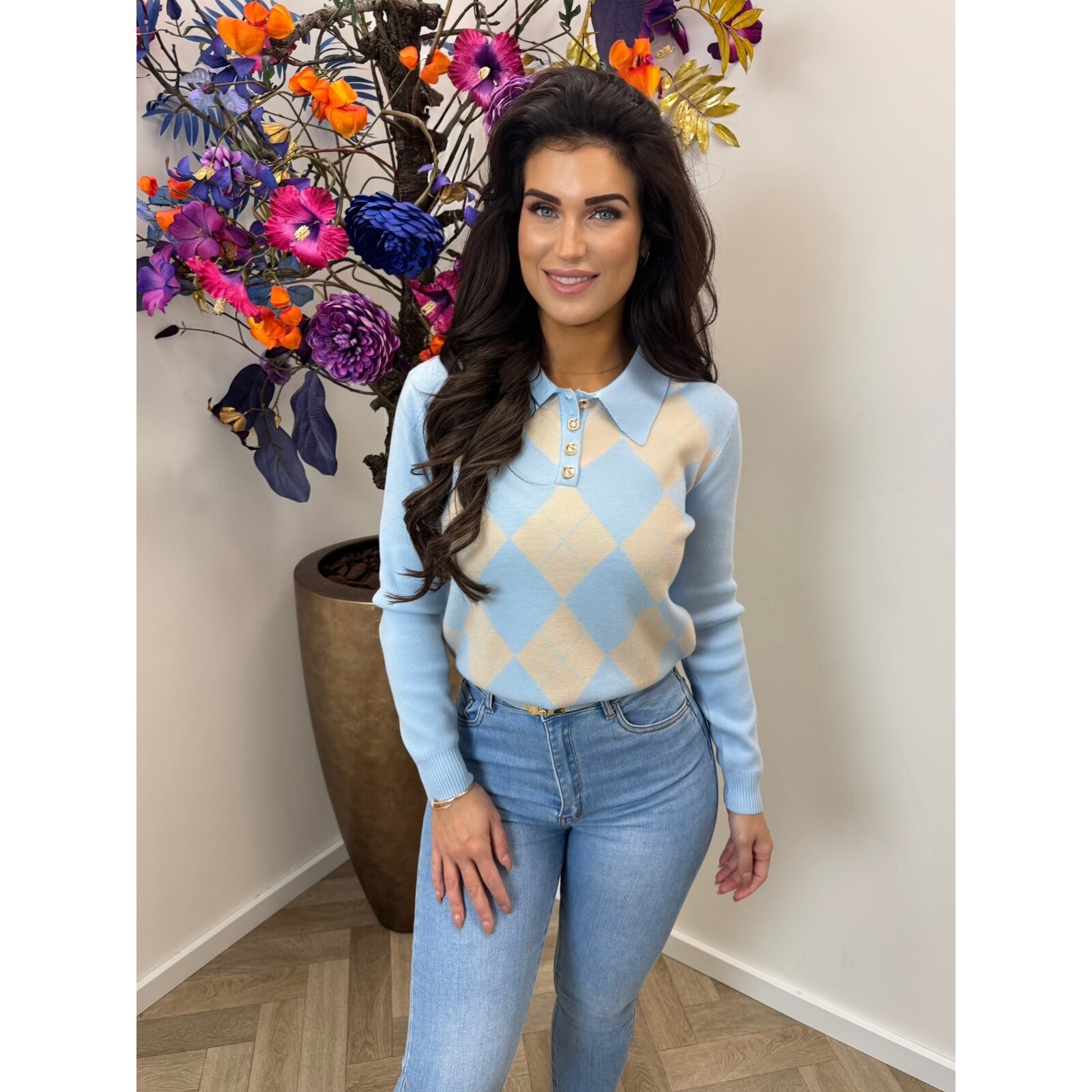 Sweater Kraagje Lorena Ruit JL10218-1 light blue