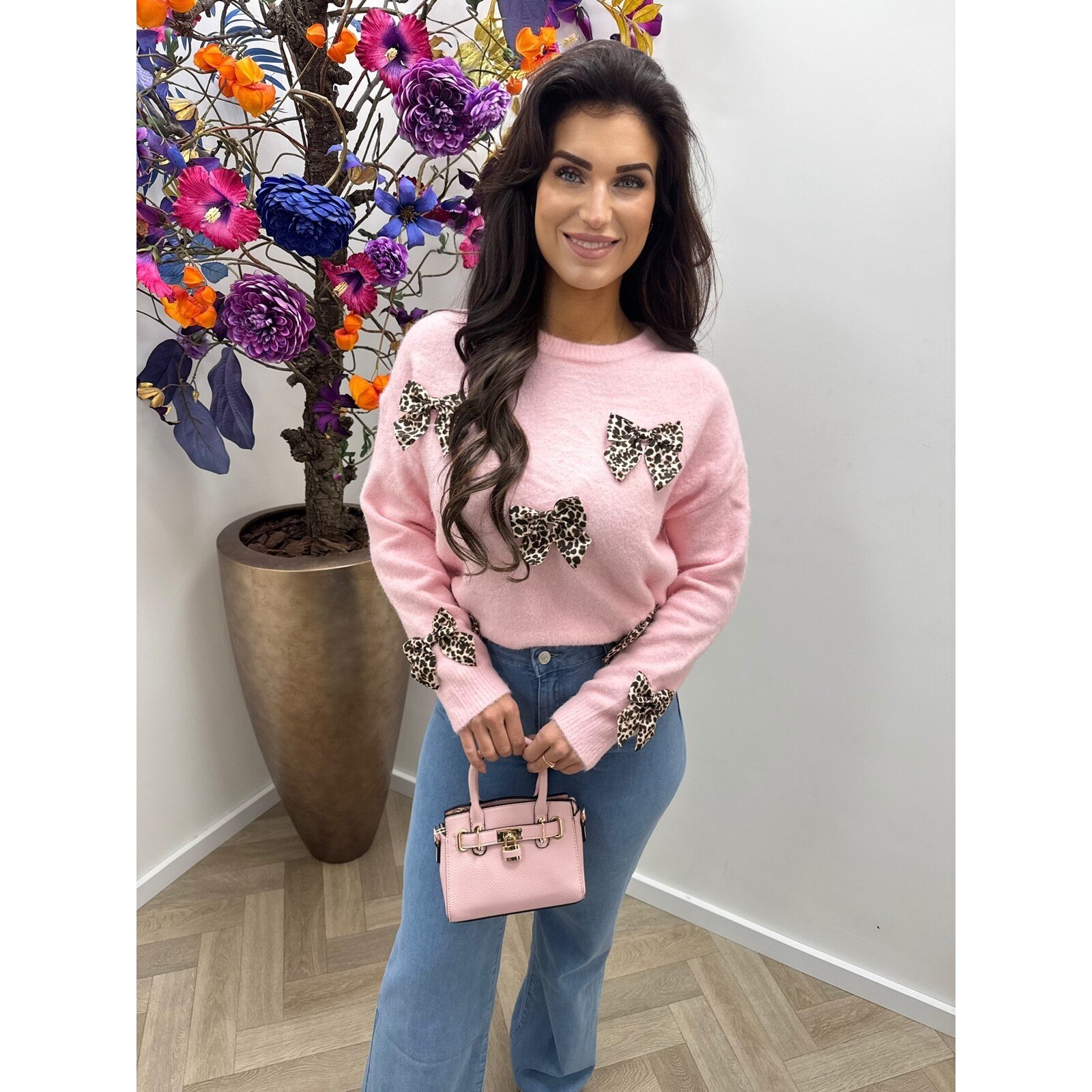Trui leopard bow AM939 Pink