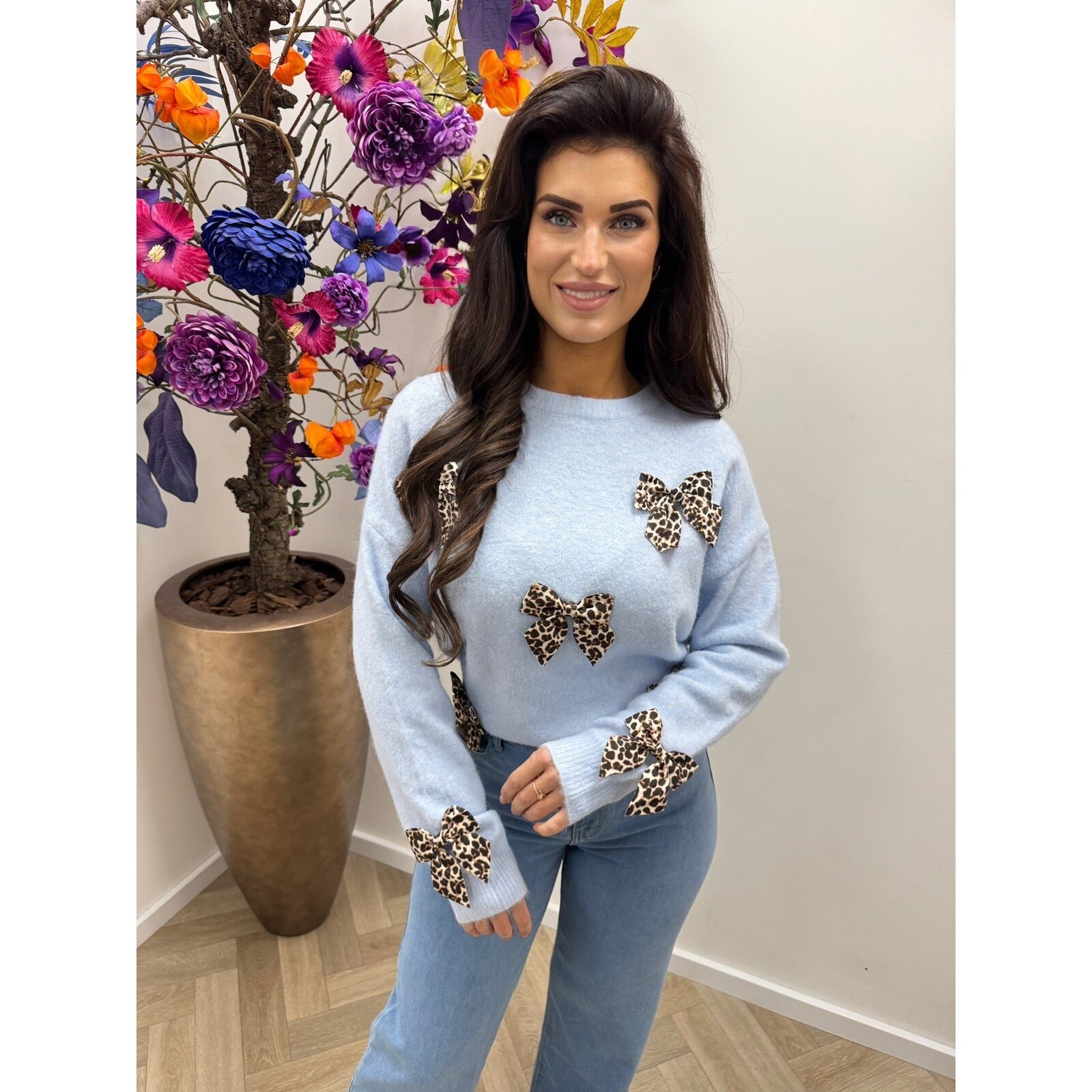 Trui leopard bow AM939 Light blue