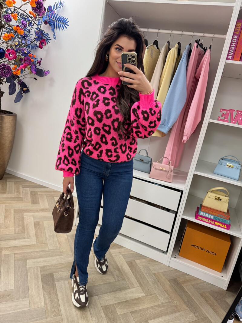 Trui all leopard  Neon Pink