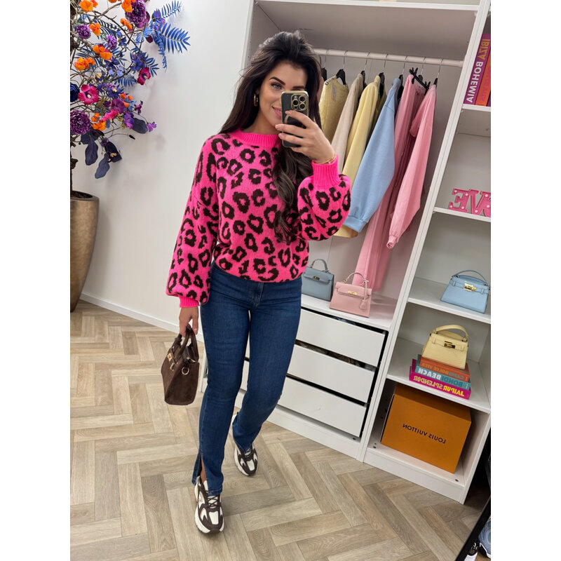 Trui all leopard  Neon Pink