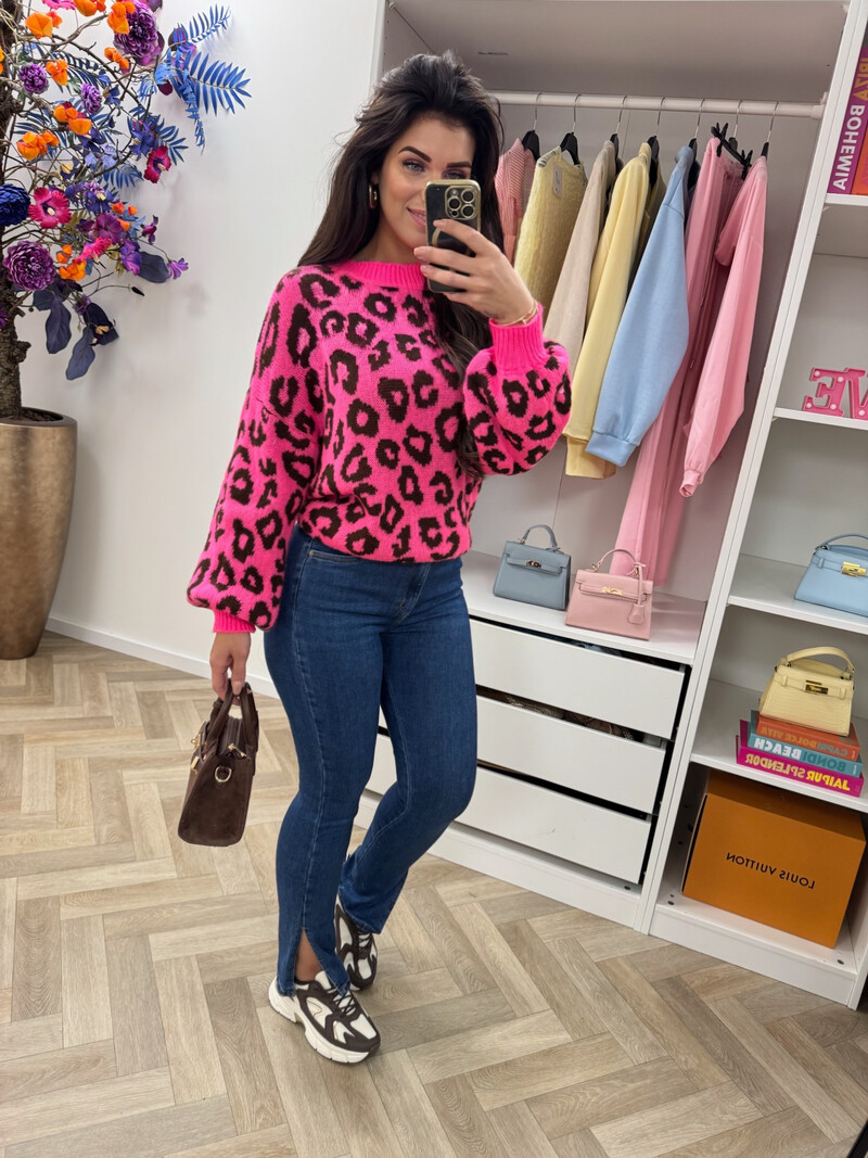 Trui all leopard  Neon Pink