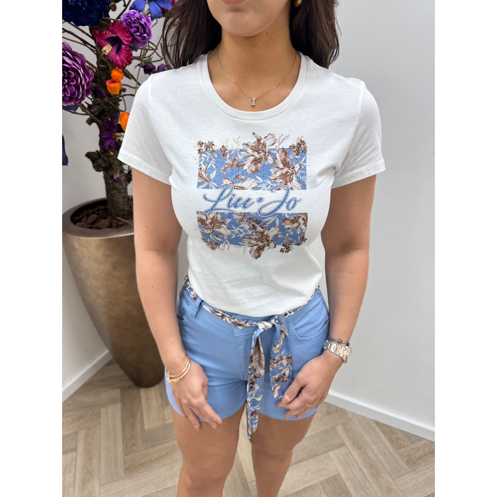 Liu-Jo T-shirt Flower Blue Brown Logo Liu Jo 1085