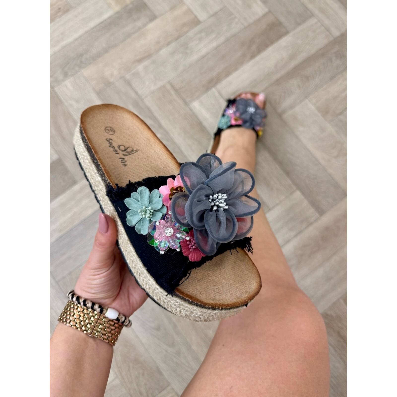 Slippers Flowers Colors AM-307 Black