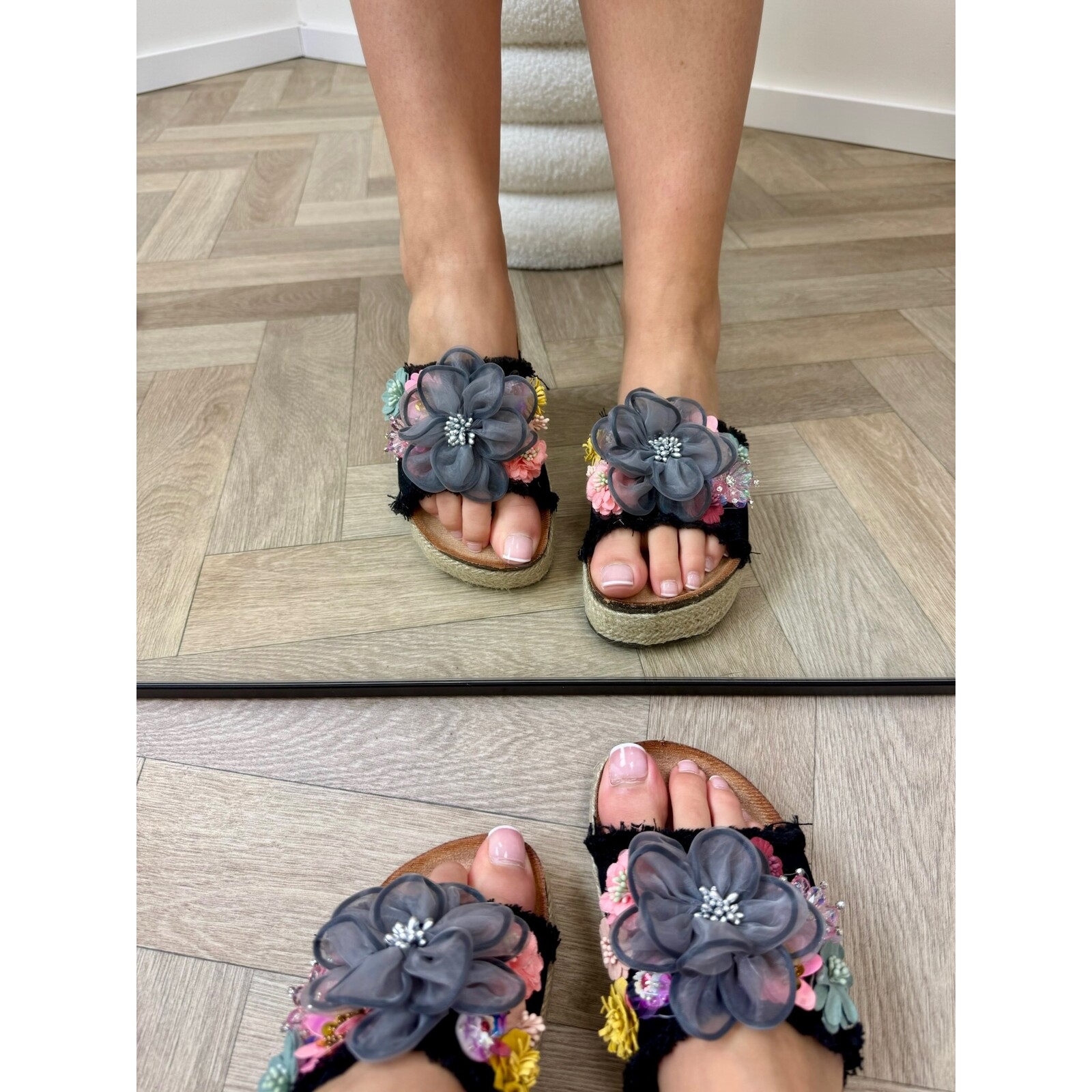 Slippers Flowers Colors AM-307 Black