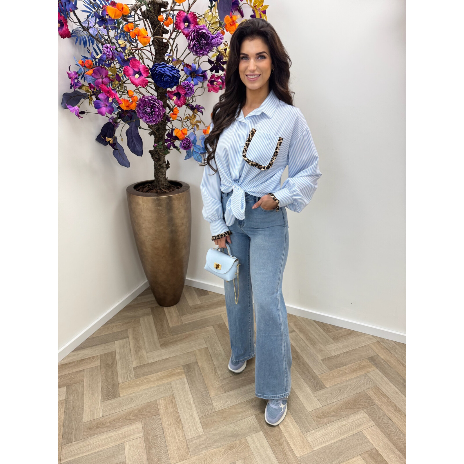 Blouses Stripes leopard ruffle Light Blue