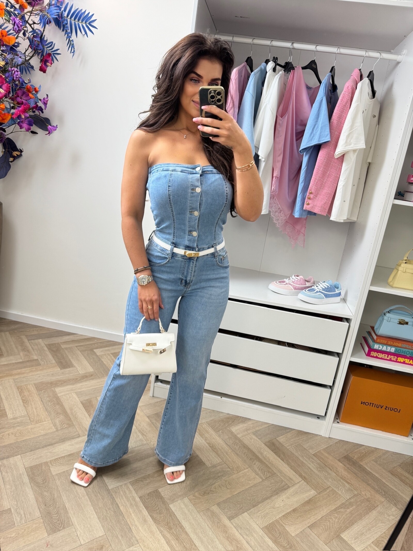 Denim jumpsuit off shoulder M755
