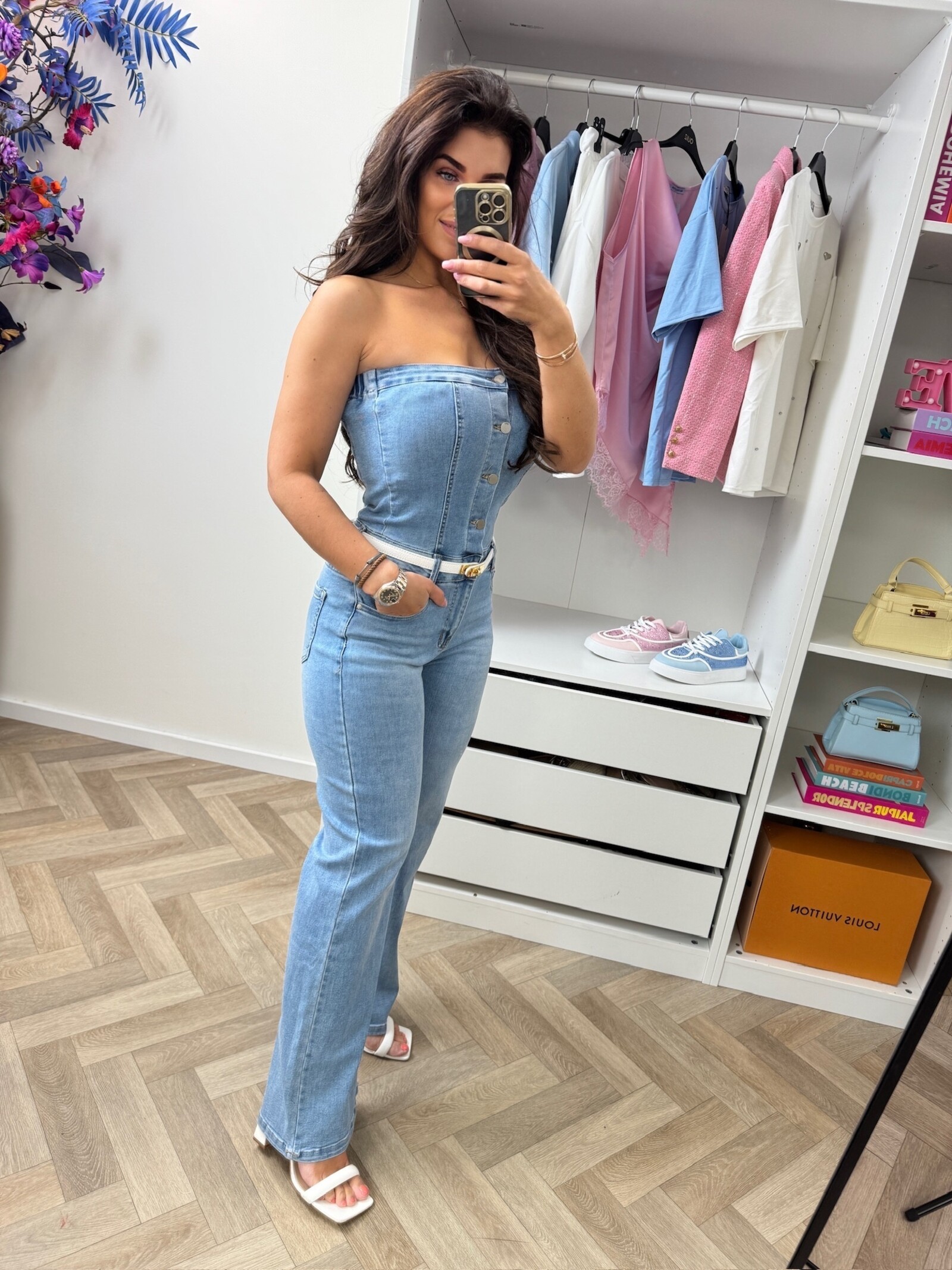 Denim jumpsuit off shoulder M755