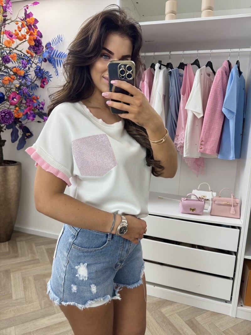 T-Shirt Ruffle Pocket Diamonds White