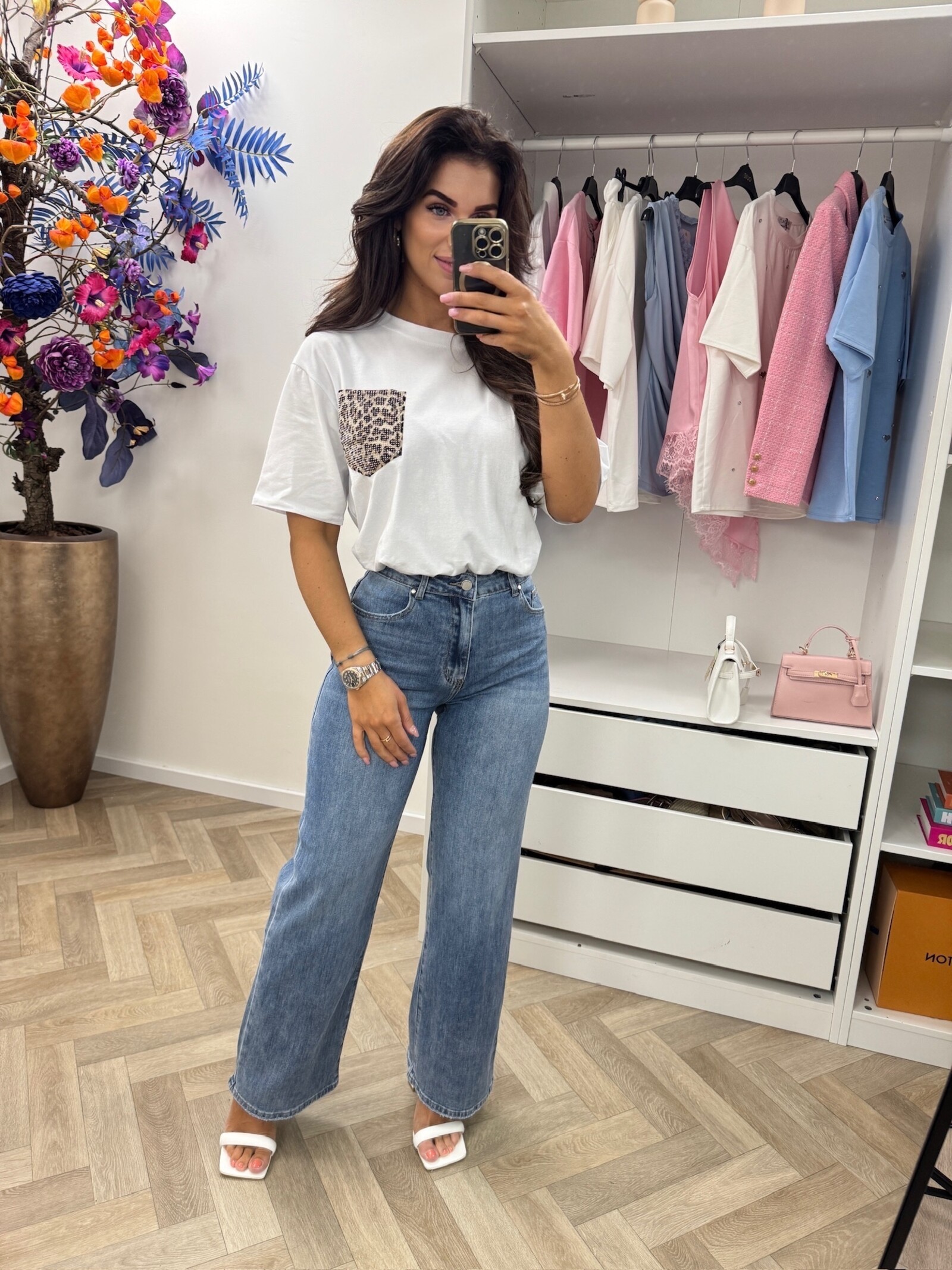 T-shirt Leopard pocket Diamonds White