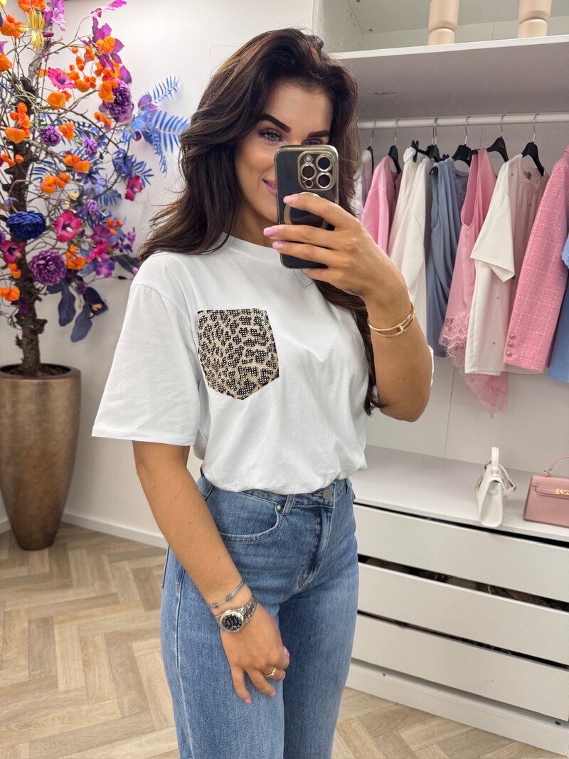 T-shirt Leopard pocket Diamonds White
