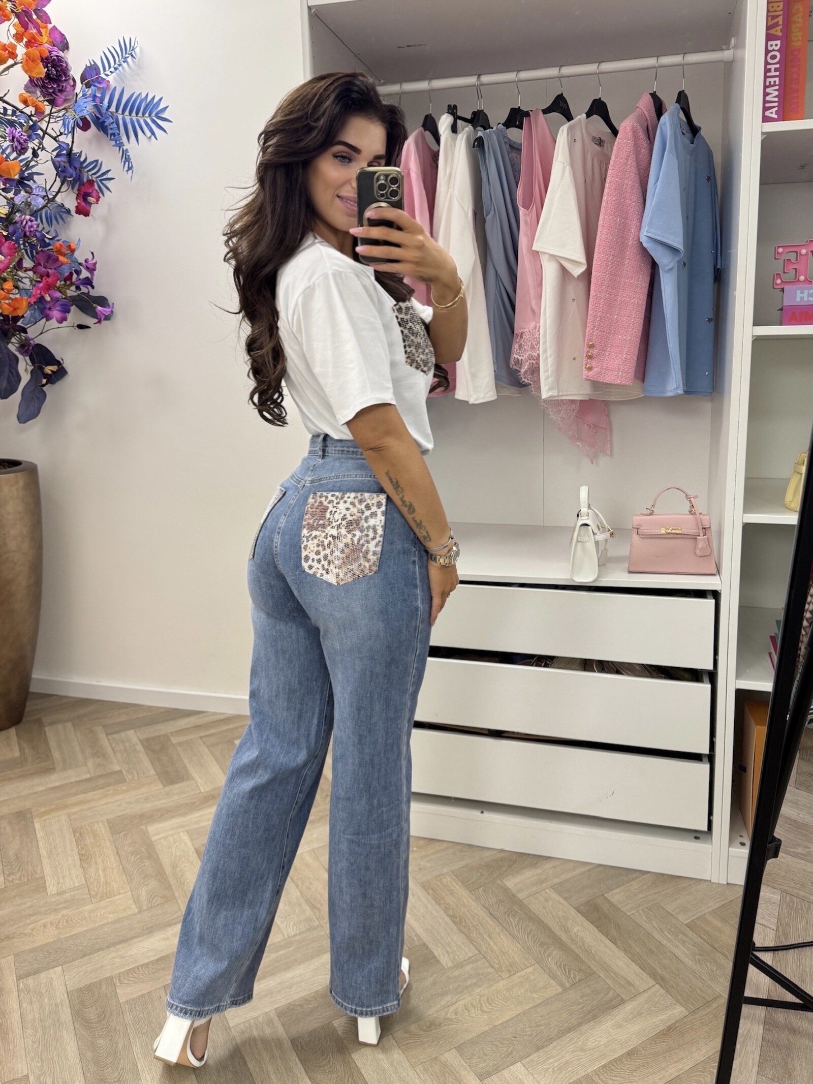 T-shirt Leopard pocket Diamonds White