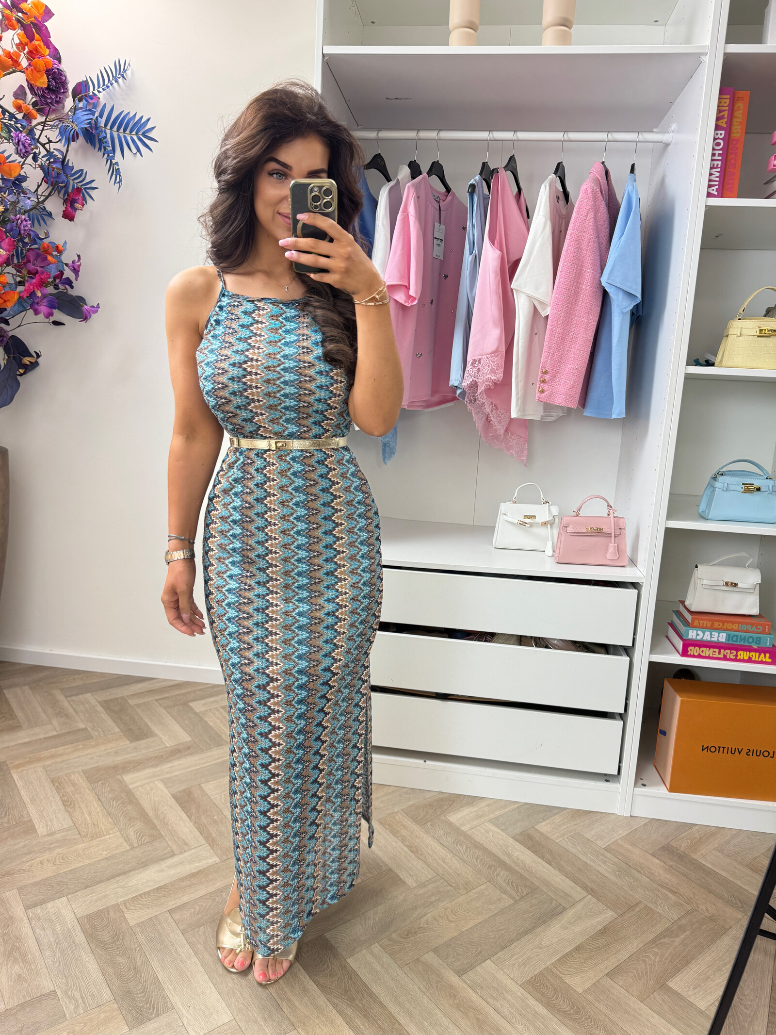 Long Dress Mission print zigzag Blue