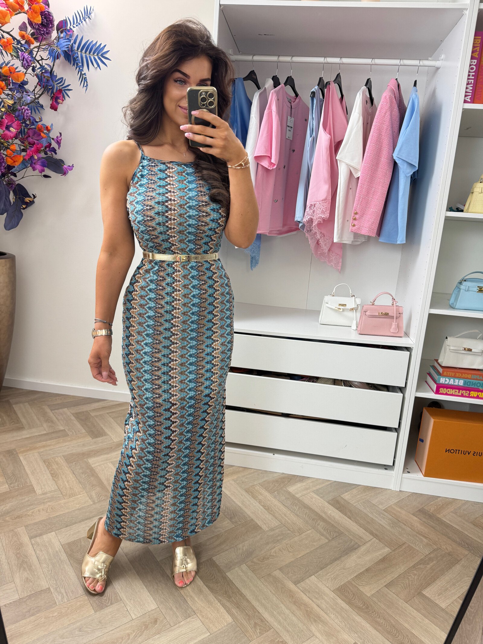 Long Dress Mission print zigzag Blue