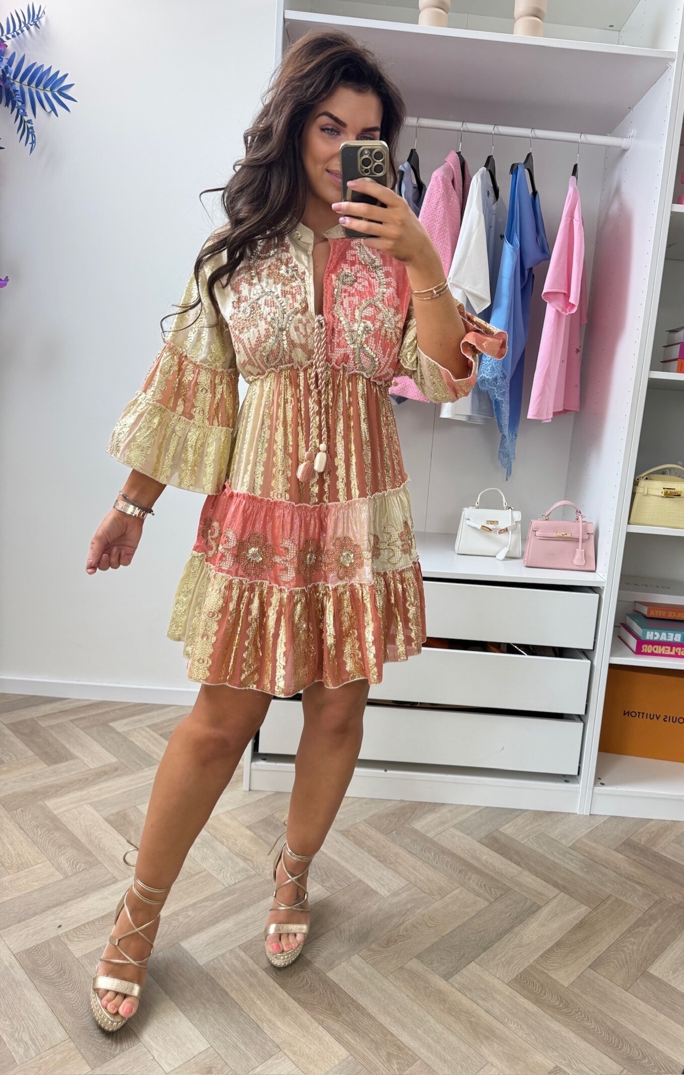 Luxury Ibiza Dress Gold WGSl-02-97 Beige Pink
