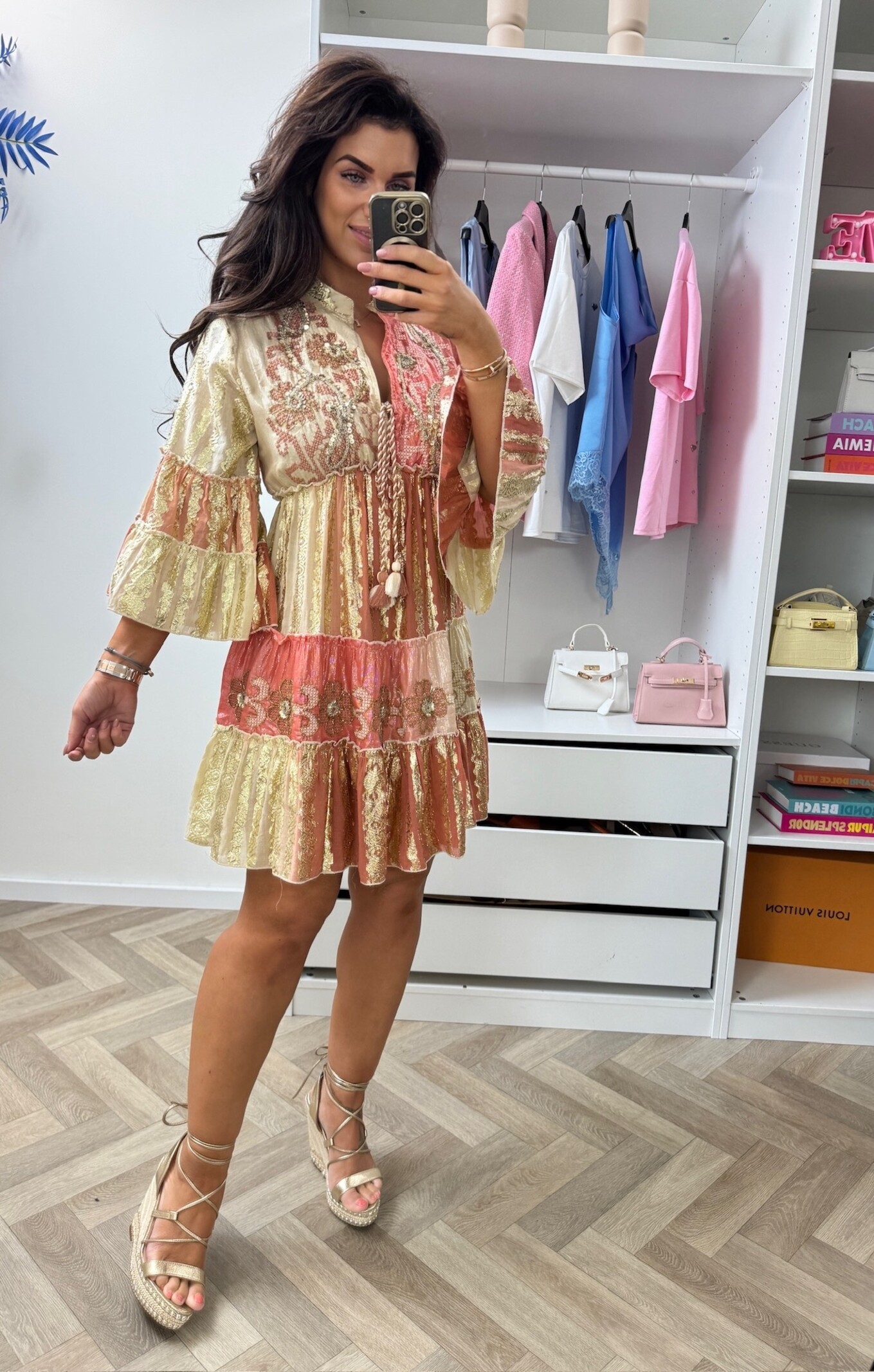 Luxury Ibiza Dress Gold WGSl-02-97 Beige Pink