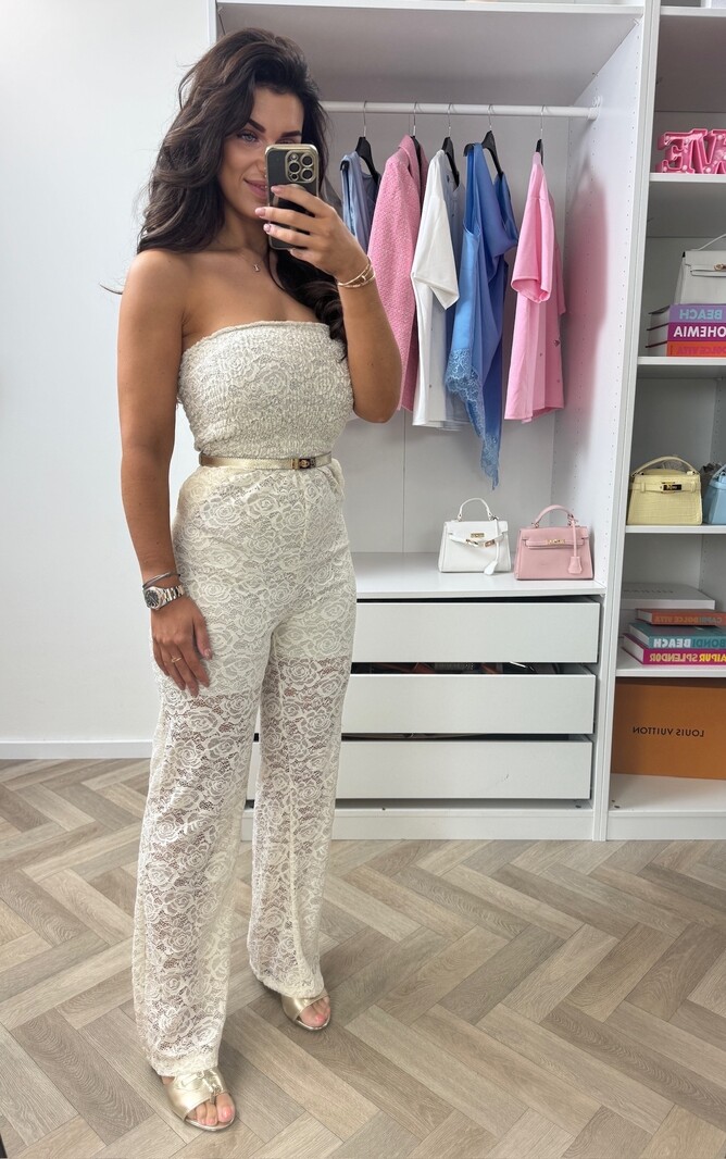 Jumpsuit All Lace Strapless Beige