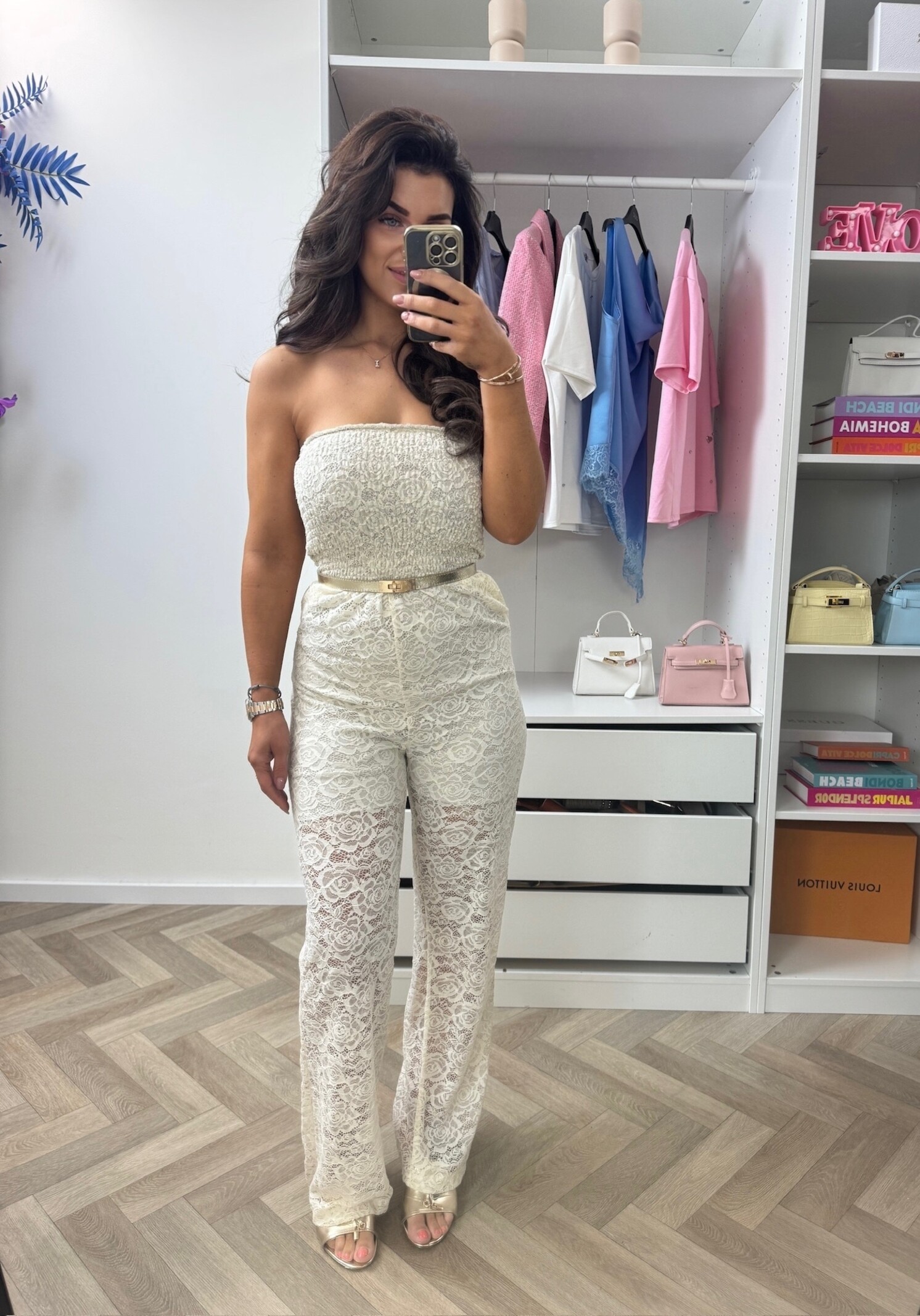 Jumpsuit All Lace Strapless Beige
