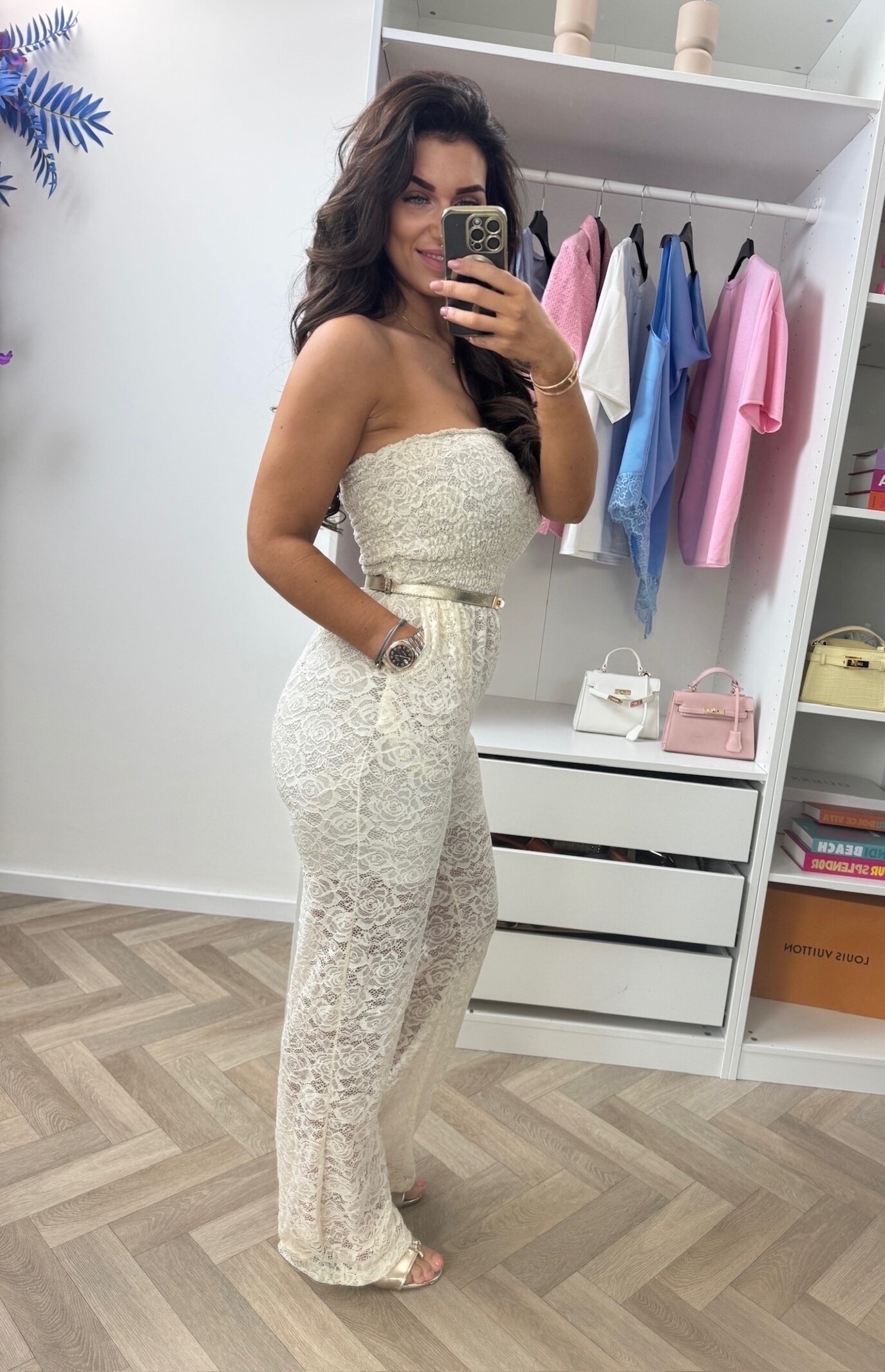 Jumpsuit All Lace Strapless Beige