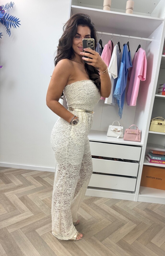 Jumpsuit All Lace Strapless Beige