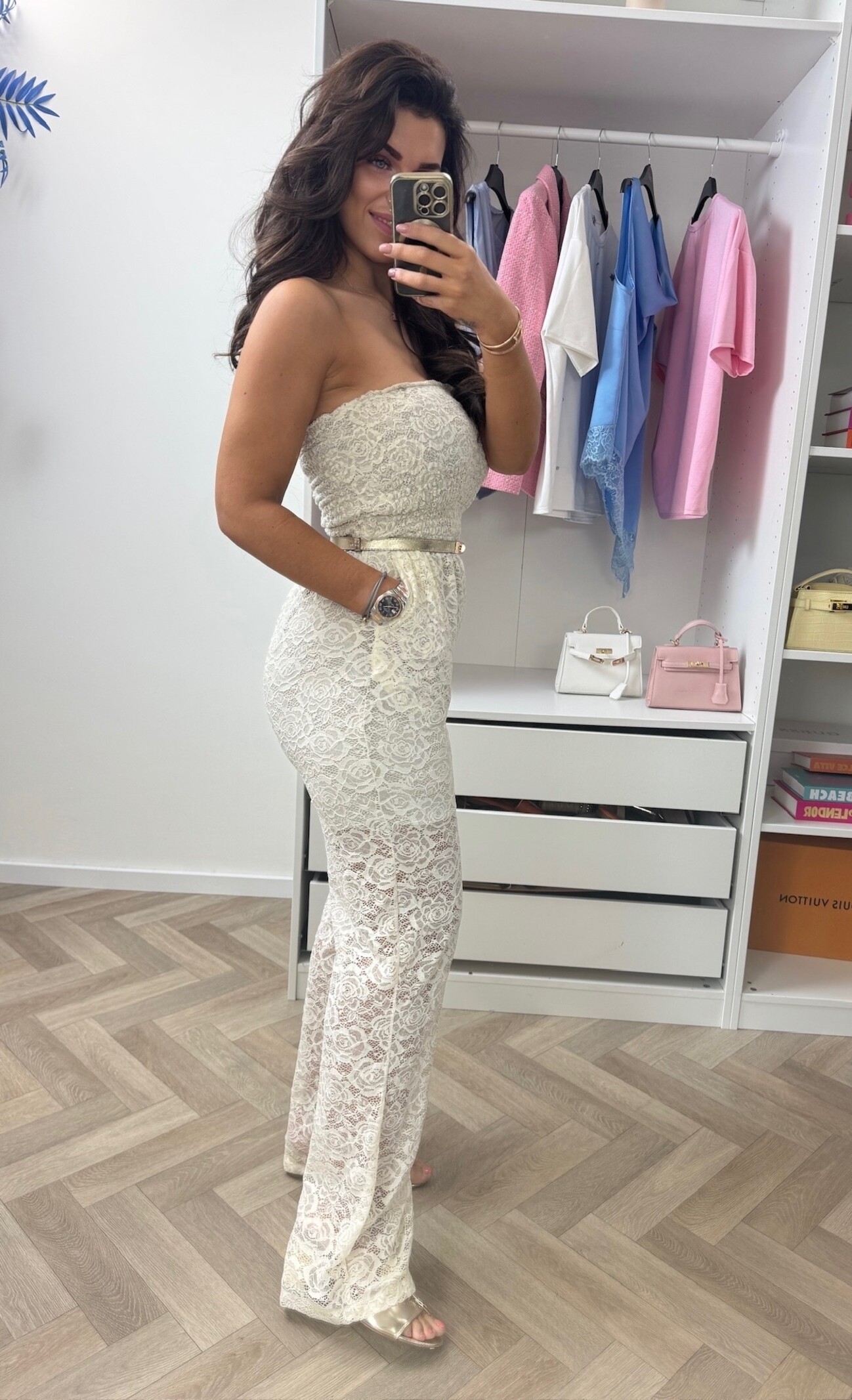 Jumpsuit All Lace Strapless Beige