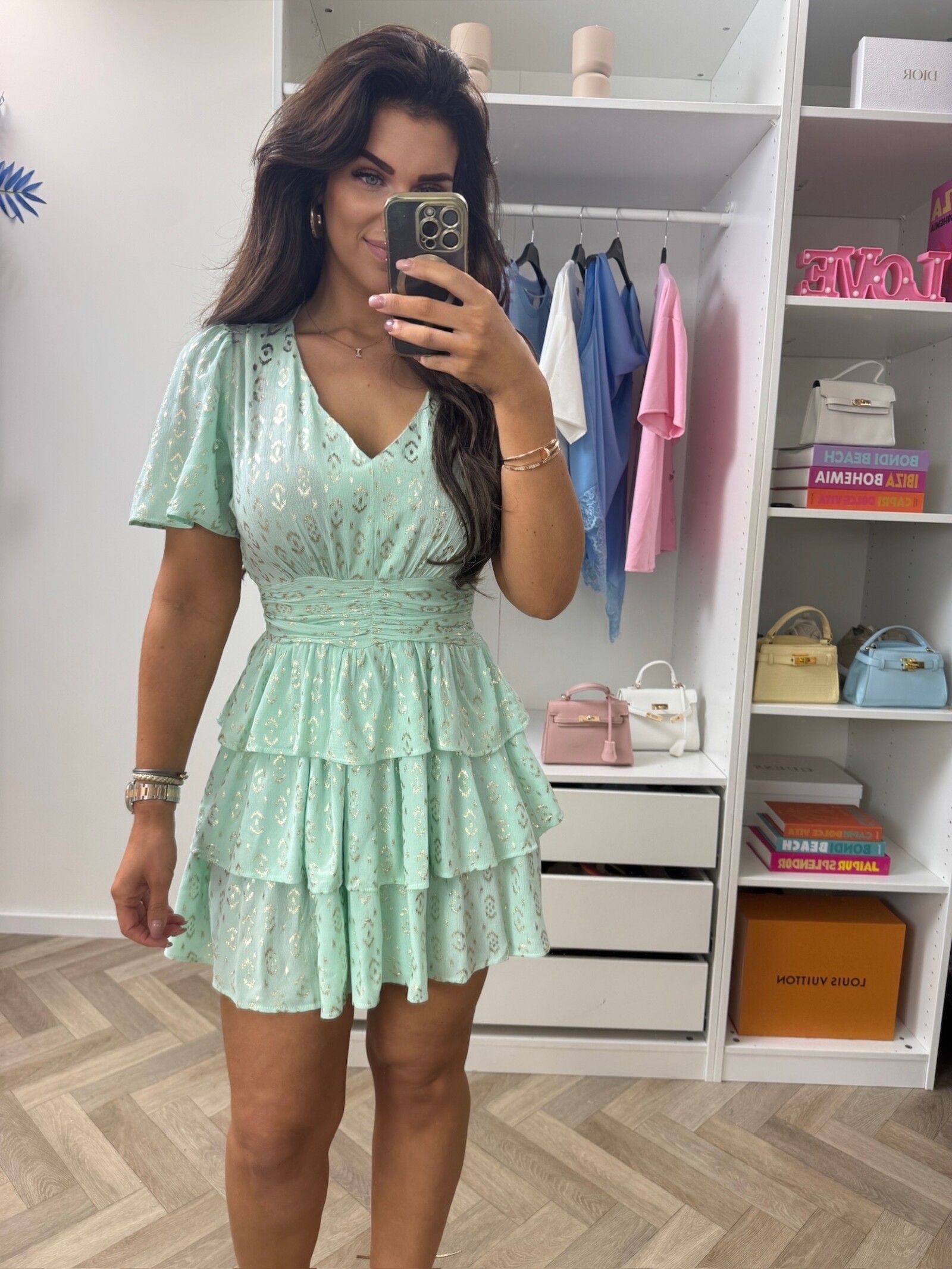 Dress Leopard Gold Ruffle Mint CY4300D