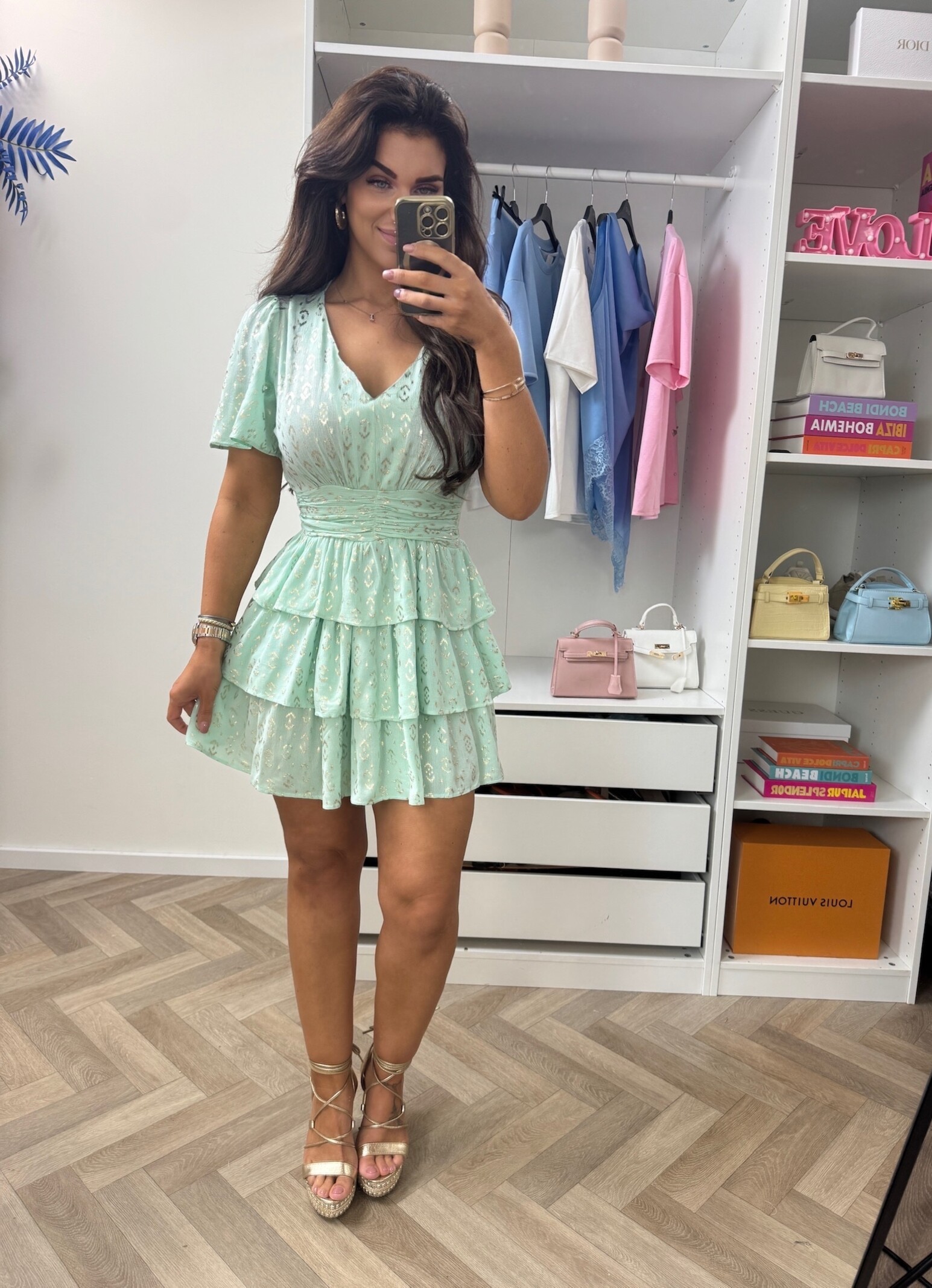 Dress Leopard Gold Ruffle Mint CY4300D