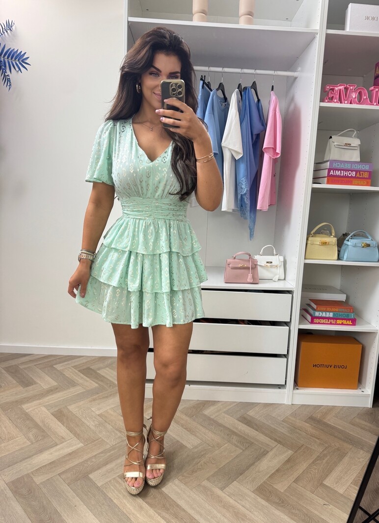 Dress Leopard Gold Ruffle Mint CY4300D
