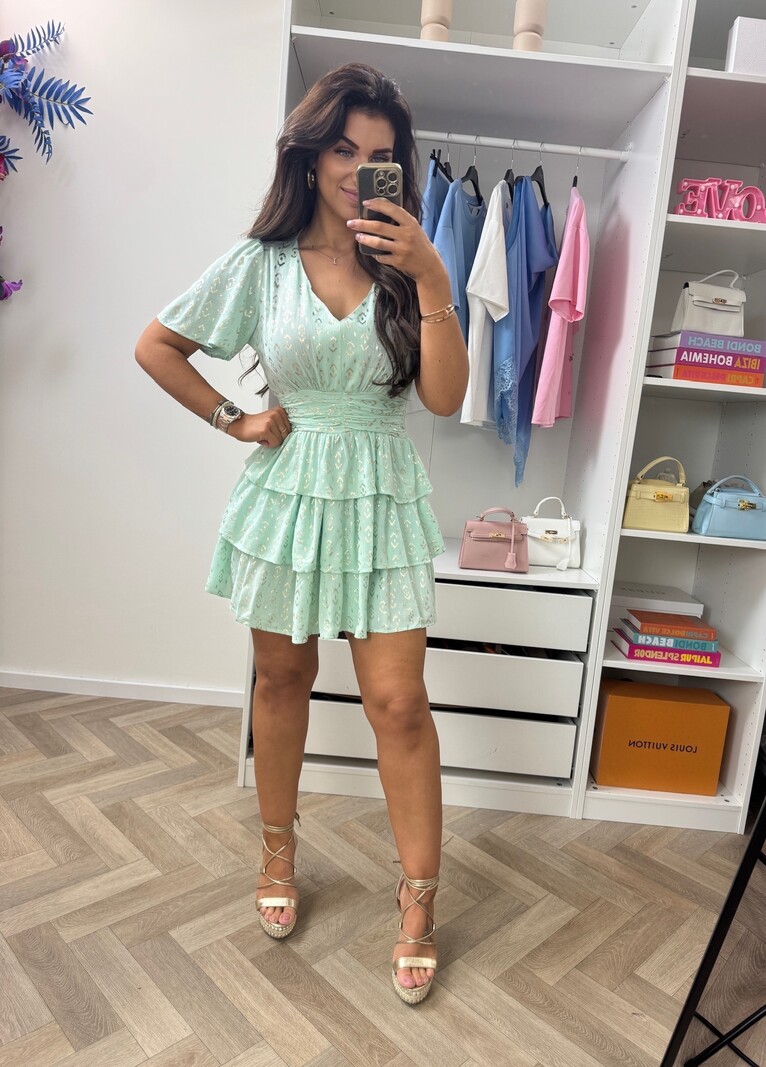 Dress Leopard Gold Ruffle Mint CY4300D