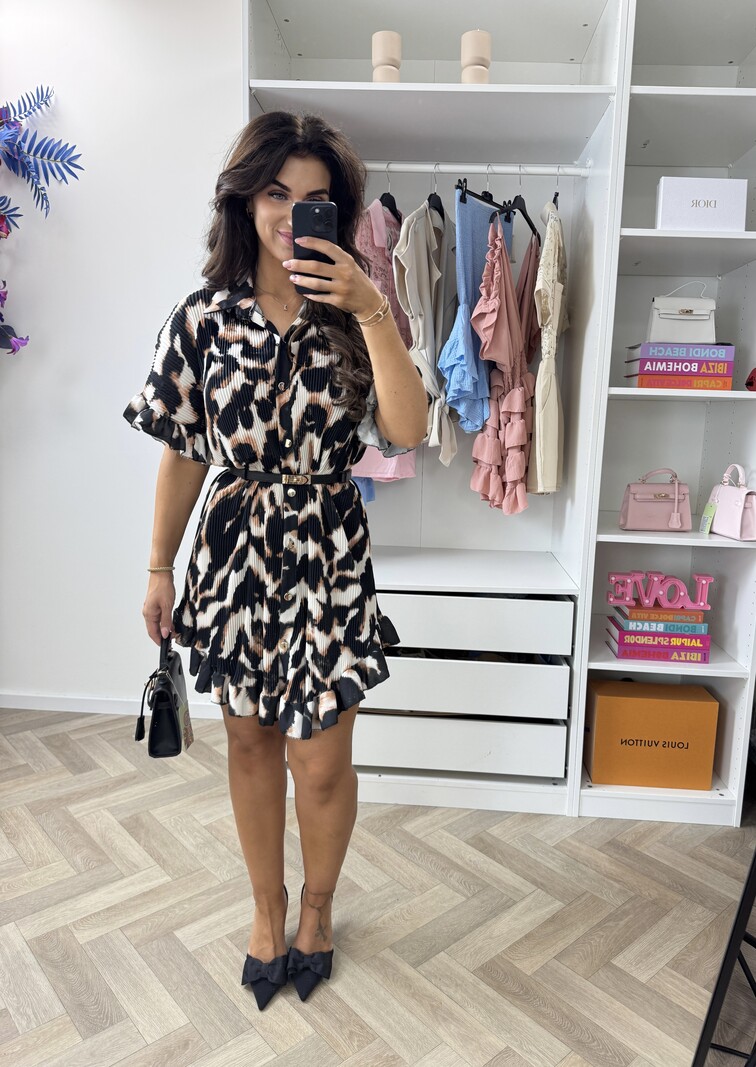 Plisse Blouse Dress Print Black