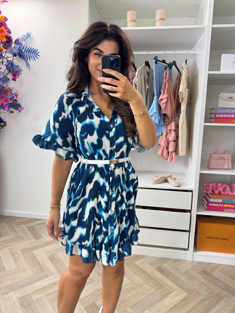 Plisse Blouse Dress Print Navy