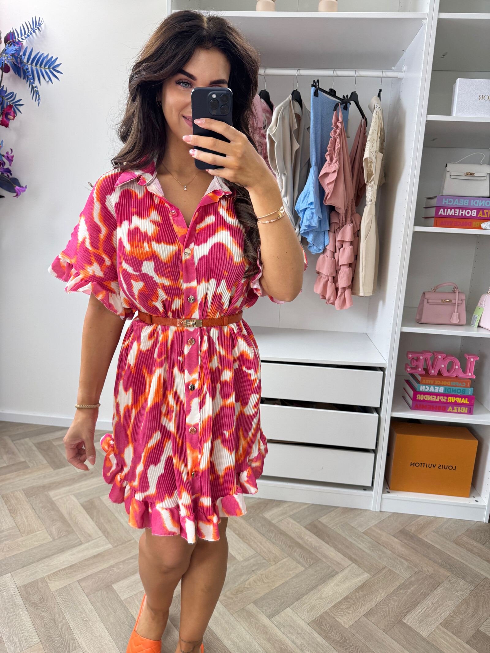 Plisse Blouse Dress Print Pink