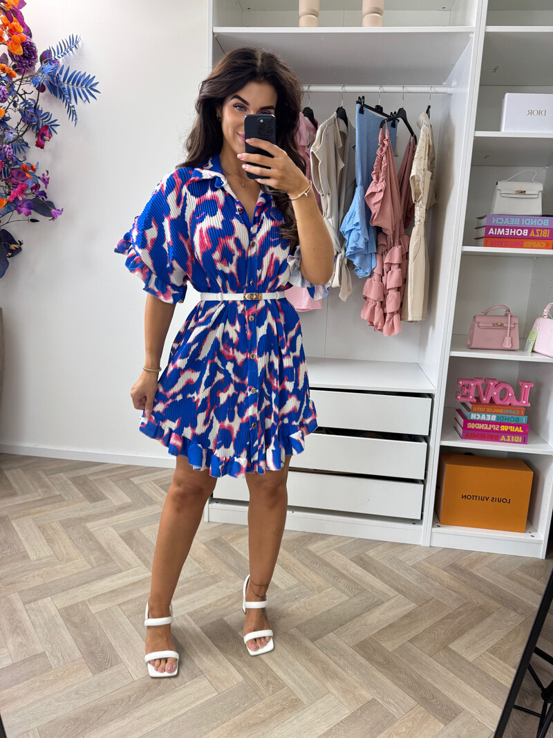 Plisse Blouse Dress Print Kobalt