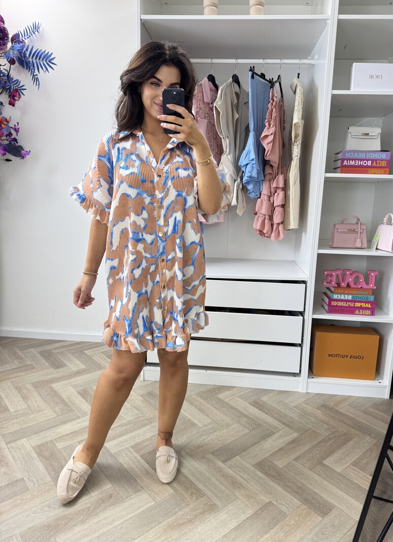 Plisse Blouse Dress Print Beige