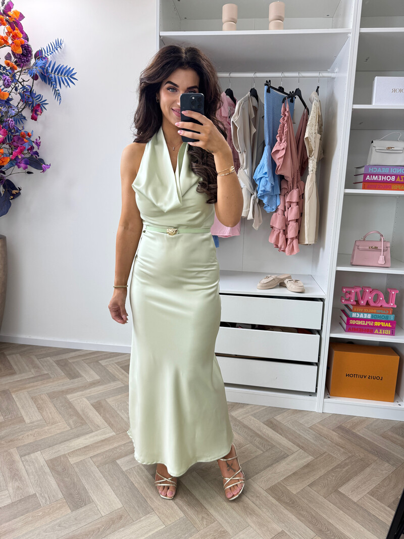 Long Dress Satin With Belt WZ20667 Mint