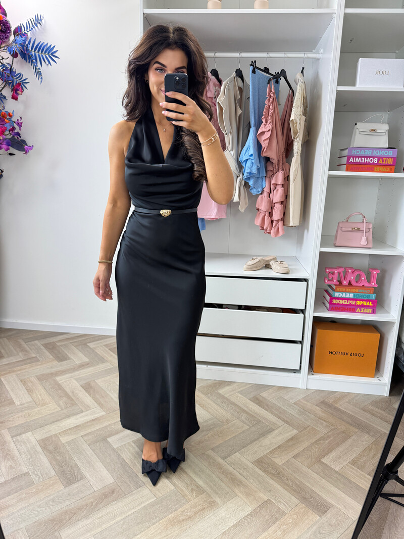 Long Dress Satin With Belt WZ20667 Black