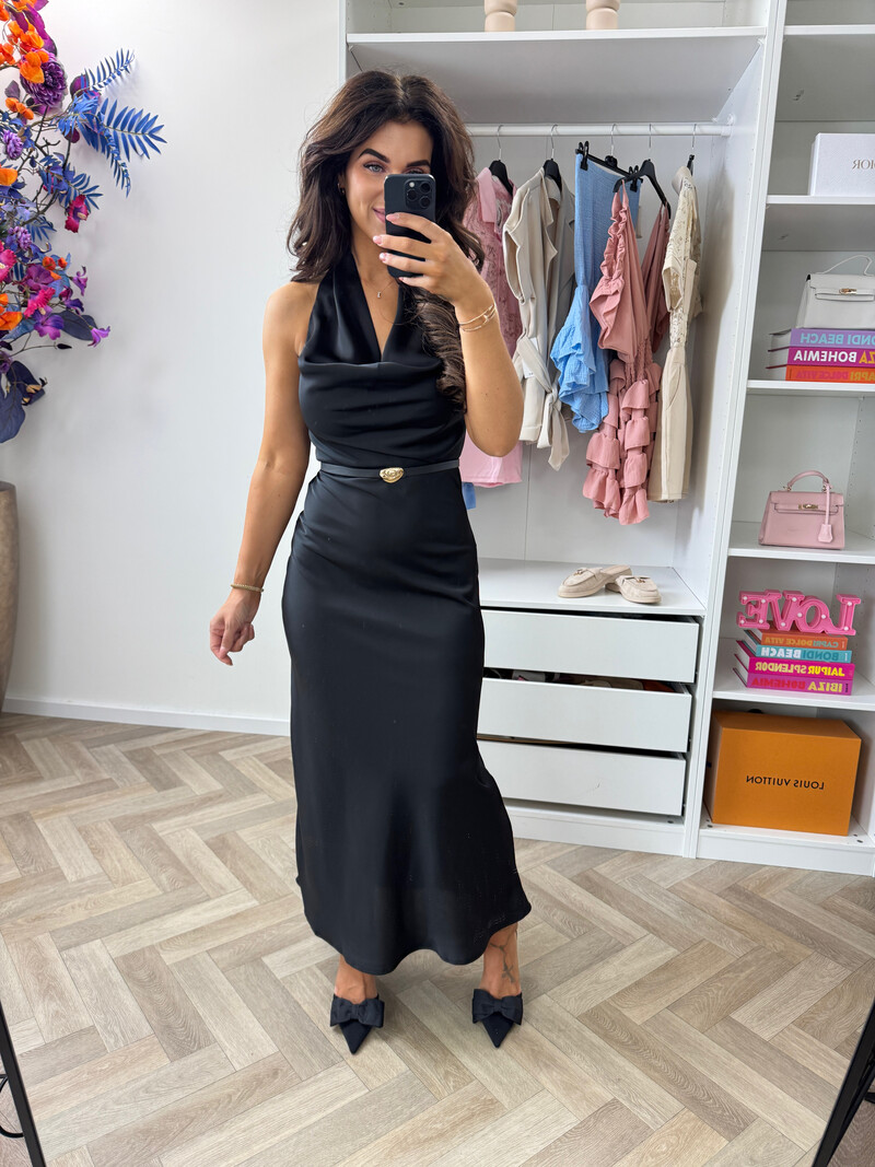 Long Dress Satin With Belt WZ20667 Black