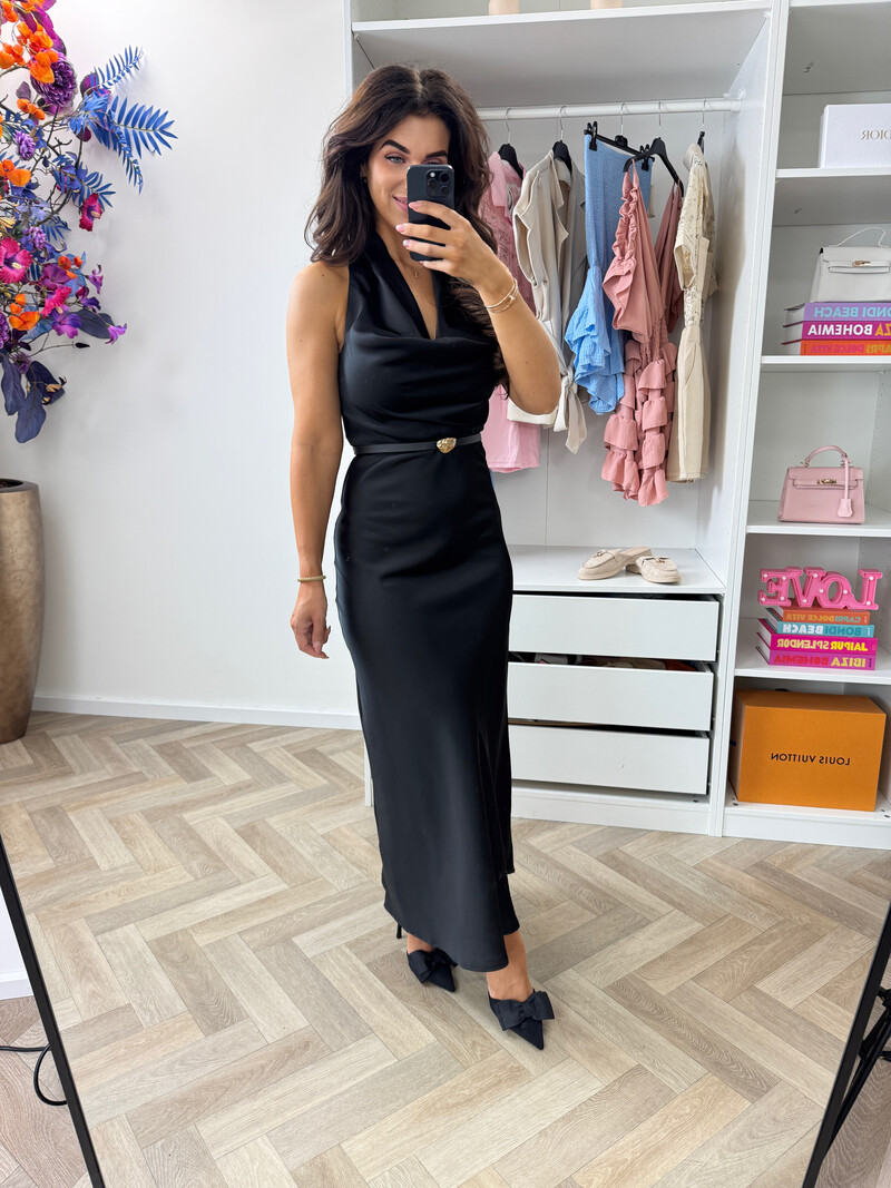 Long Dress Satin With Belt WZ20667 Black