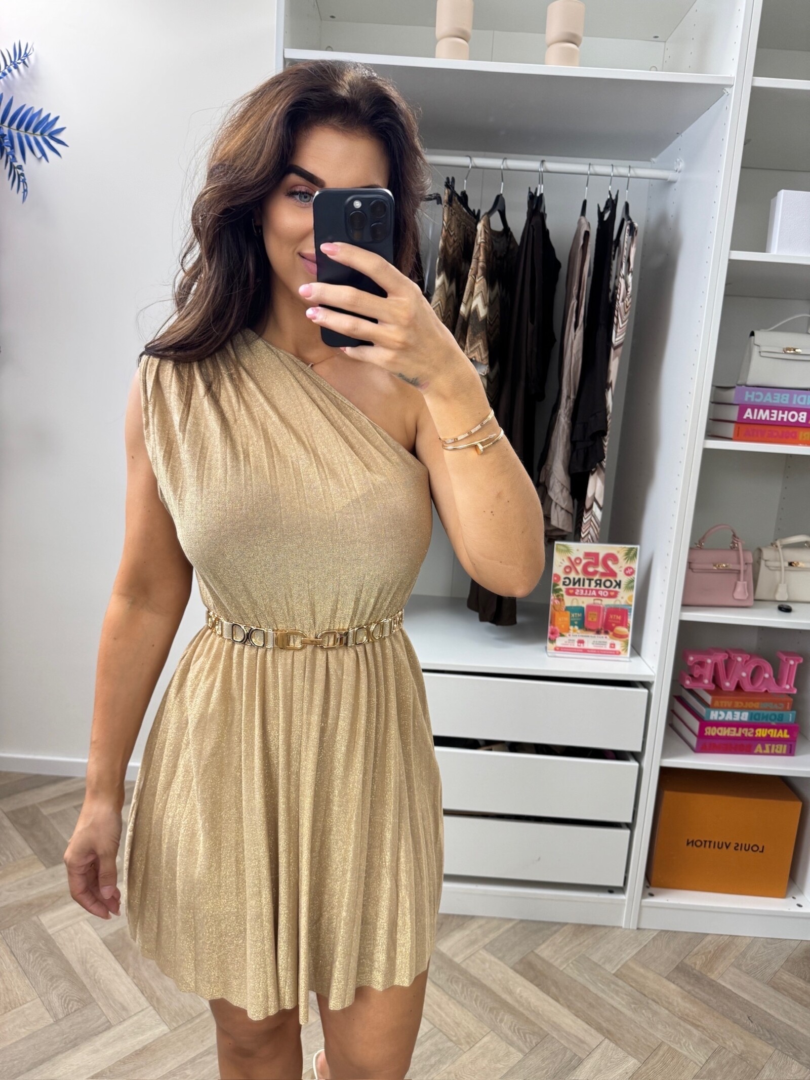 Dress Lurex Split Kort Beige