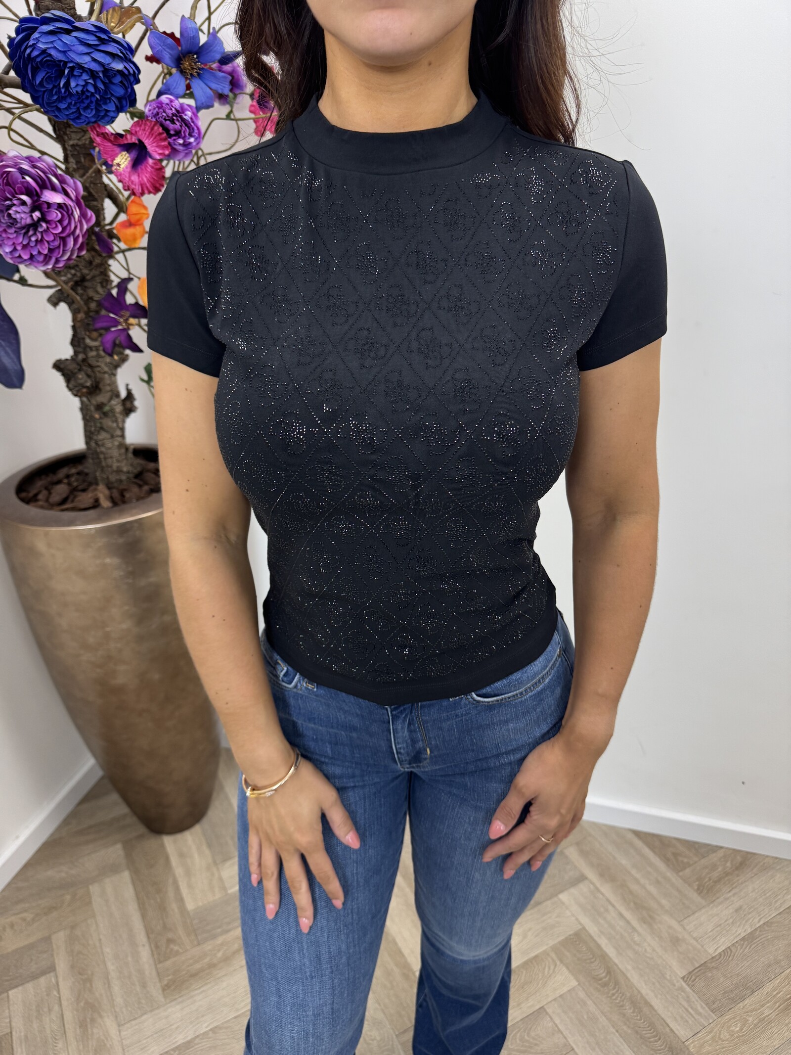 Guess T-shirt Diamonds Mock Neck Black Guess 1301