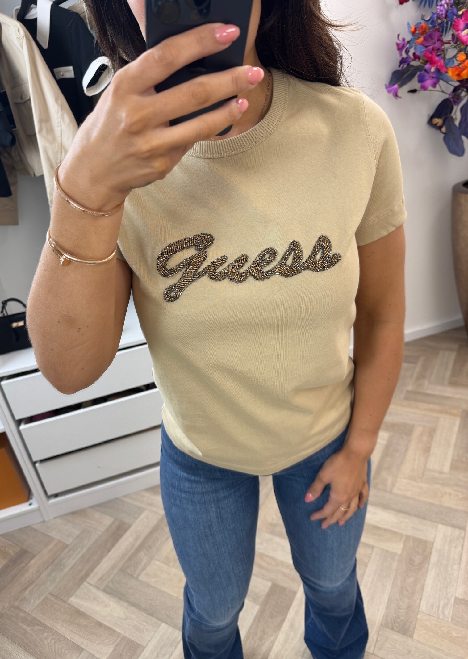 Guess T-shirt Beads Script Guess Tan 1334