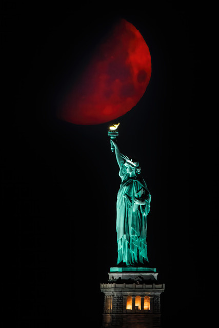 Statue of Liberty and Moonset