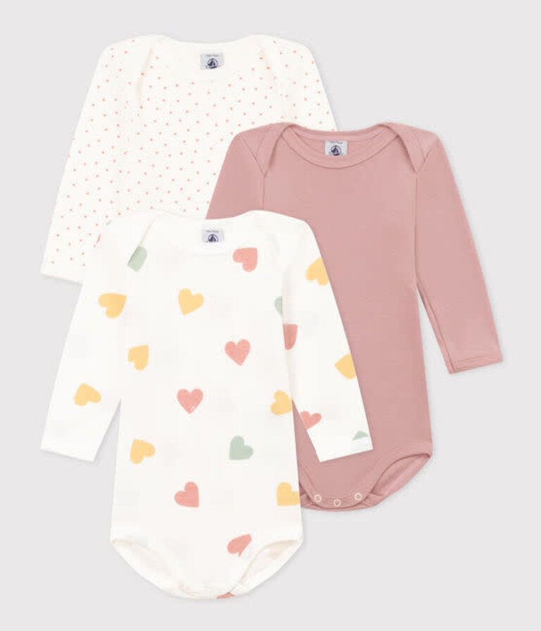Petit Bateau Petit Bateau 3 body's - Roze hartjes