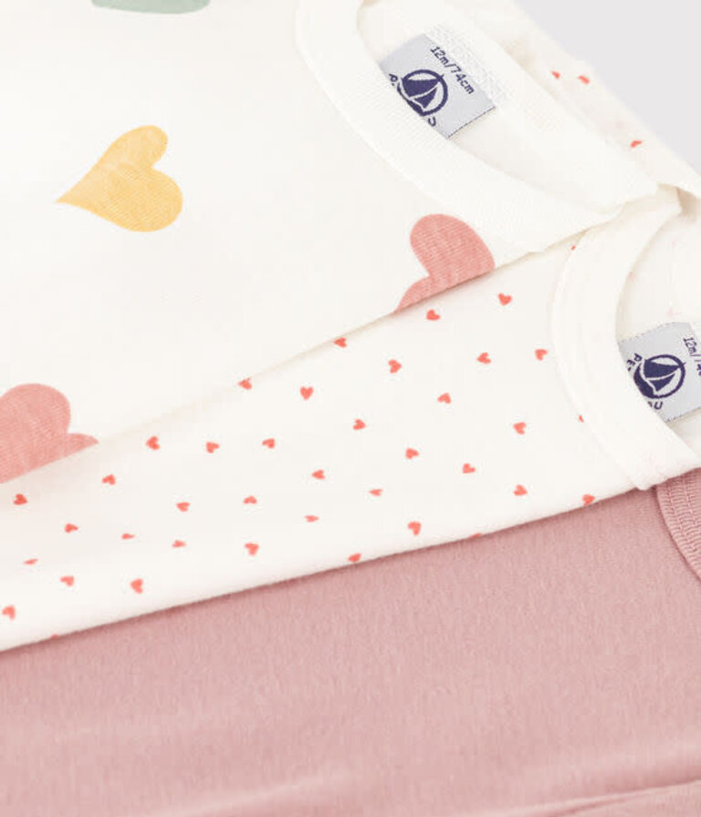 Petit Bateau Petit Bateau 3 body's - Roze hartjes