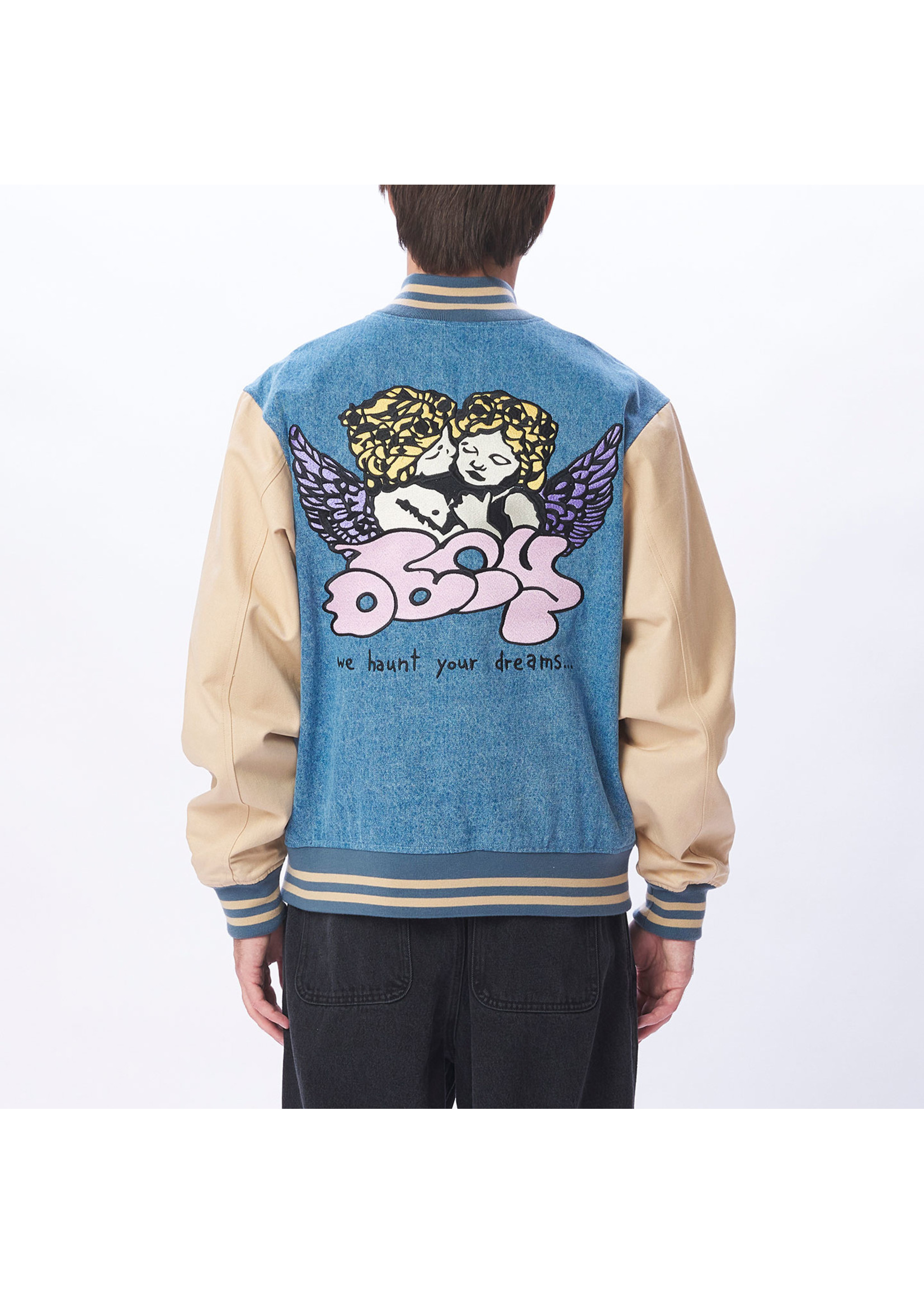 Obey Care Denim Varsity Jacket Light Indigo Multi 121800530-LIN