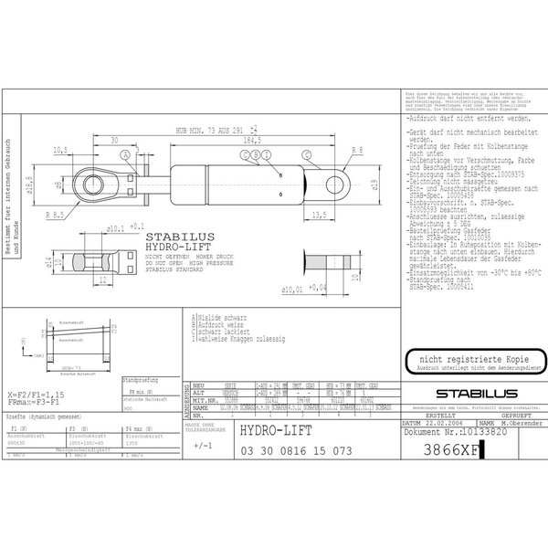 Stabilus 3866XF 600N hydro lift Gasveer Vervangingsmarkt